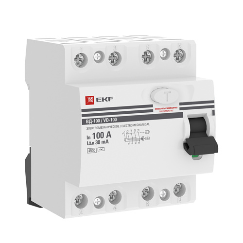 EKF Выключатель дифференциального тока  (УЗО)  ВД-100 4P 100А/30мА  (электромеханическое)  PROxima (elcb-4-100-30-em-pro)