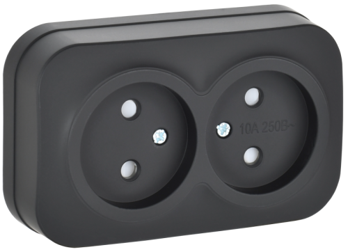 IEK GLORY Розетка 2-местная для открытой установки без заземления с защитными шторками 10А РСш22-2-ХЧм черный матовый  (ERH23-K02M-10)