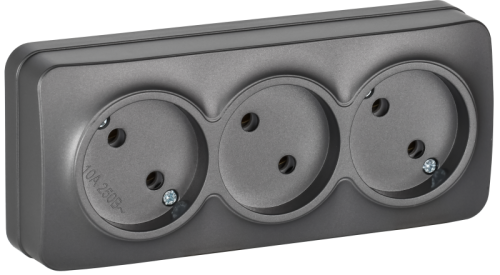 IEK GLORY Розетка 3-местная для открытой установки без заземления без защитных шторок 10А РС23-2-ХСм сталь матовый  (ERH30-K46M-10)