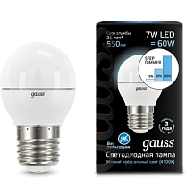 GAUSS Лампа светодиодная LED 7вт, 230в, Е27, белый, step dim, шар  (105102207-S)