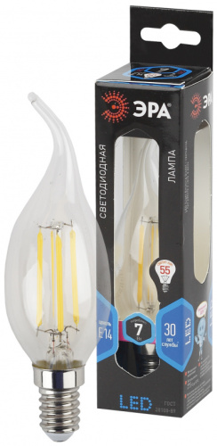 ЭРА Лампа светодиодная F-LED BXS-7W-840-E14   (филамент, свеча на ветру, 7Вт, нейтр, E14)  (10/100/2800) (Б0027945)
