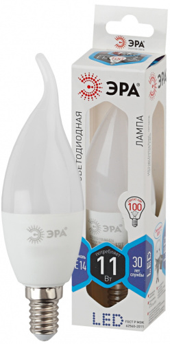 ЭРА Лампа светодиодная LED BXS-11W-840-E14  (диод, свеча на ветру, 11Вт, нейтр, E14  (10/100/2800)  (Б0032993)