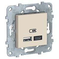 SCHNEIDER ELECTRIC UNICA NEW РОЗЕТКА USB, 2-местная, тип А+С, 5 В / 2400 мА, БЕЖЕВЫЙ (NU501844)