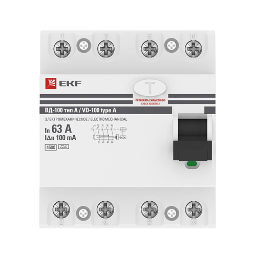 EKF Устройство защитного отключения ВД-100 4P 63А/100мА электромеханический тип A PROxima (elcb-4-63-100-em-a-pro) фото 2