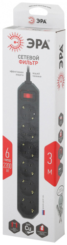 ЭРА Сетевой фильтр  (черный) с заземл, 3x0,75мм2, с выкл, 6гн, 3м USF-6es-3m-B-BOX (Б0037263)