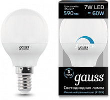 GAUSS Лампа светодиодная LED 6.5вт 230в Е14 белый мат.шар  (105101207)
