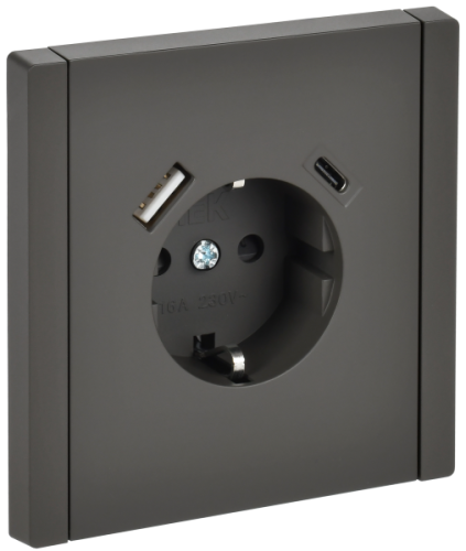 IEK FORTE&PIANO Розетка 1-местная с заземлением с защитными шторками винтовое крепление 16А USB A+C 18Вт FP347 серый  (FP-R14-16-U22-018-K03)