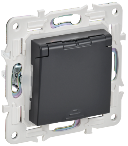 IEK SKANDY Розетка 1-местная с заземлением с защитными шторками и крышкой 16А IP44 SK-R11T титан  (SK-R16-16-44-K48)