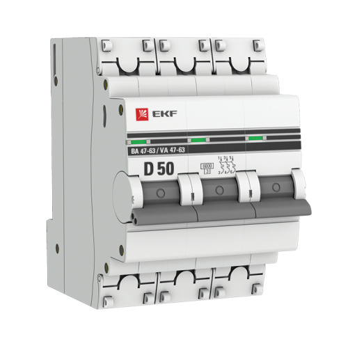 EKF Автоматический выключатель ВА 47-63 6кА 3P 50А  (D)  PROxima (mcb4763-6-3-50D-pro)