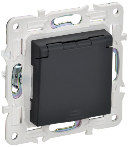 IEK SKANDY Розетка 1-местная с заземлением с защитными шторками и крышкой 16А IP44 SK-R11G графит  (SK-R16-16-44-K53)