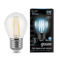GAUSS Лампа светодиодная LED 5Вт 230в, E27 Filament белый шар  (105802205)