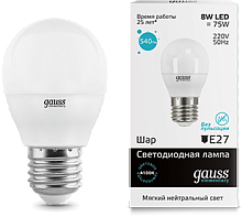 GAUSS Лампа светодиодная LED 8вт 230в, Е27, белый, шар Elementary (53228)