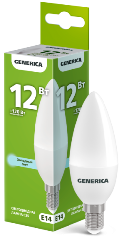 IEK Лампа светодиодная C35 свеча 12Вт 230В 6500К E14 GENERICA (LL-C35-12-230-65-E14-G)
