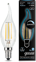 GAUSS Лампа светодиодная 5вт Е14 белый прозрачная свеча на ветру FILAMENT (104801205)