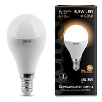 GAUSS Лампа светодиодная LED 6.5вт 230в Е14 теплый мат.шар  (105101107)