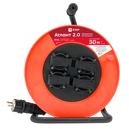 EKF Удлинитель на катушке 'Атлант 2.0' 4 гнезда 30м с заземлением КГ 3x1.5 16А/3.5кВт IP44 PROxima (UKA02-16-315R-4-30-IP44) фото 4 EKF Удлинитель на катушке 'Атлант 2.0' 4 гнезда 30м с заземлением КГ 3x1.5 16А/3.5кВт IP44 PROxima (UKA02-16-315R-4-30-IP44) фото 4