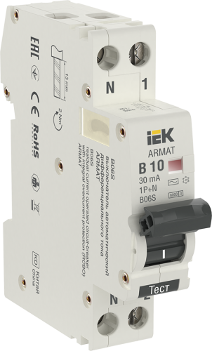 IEK ARMAT Выключатель автоматический дифференциальный АВДТ B06S 1п+NP B10 30мА тип AC (18мм) (AR-B06S-1N-B10C030)