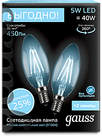 GAUSS Лампа светодиодная LED 5вт 230в Е14 FILAMENT белыйсвеча ПРОМО  (2 лампы в упаковке) (103801205P)