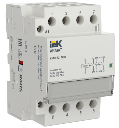 IEK ARMAT Контактор модульный KMR 63А 24В AC/DC 4НО (AR-KMR20-063-40-024) IEK ARMAT Контактор модульный KMR 63А 24В AC/DC 4НО (AR-KMR20-063-40-024)