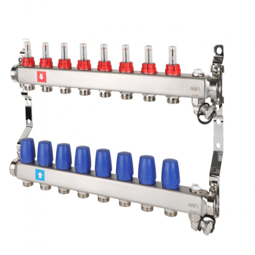 MVI Коллекторная группа с расходомерами 1' х 8 выходов 3/4' НР евроконус с дренажным краном и воздухоотводчиком (MS.708.06)