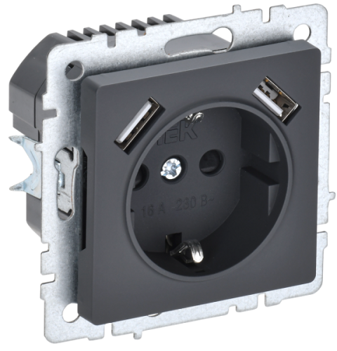 IEK BRITE Розетка 1-местная с заземлением с защитными шторками 16А с USB A+A 5В 3,1А РЮш10-2-БрГ графит IEK (BR-R14-16-U21-D31-K53)