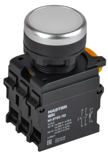 IEK Кнопка с подсветкой d=22мм 1NO+1NC белая MASTER (MI-BT60-11D-3-12-K01) IEK Кнопка с подсветкой d=22мм 1NO+1NC белая MASTER (MI-BT60-11D-3-12-K01)