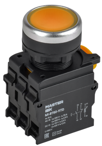 IEK Кнопка с подсветкой и фиксацией d=22мм 1NO+1NC жёлтая MASTER  (MI-BT60-11TD-3-11-K05)